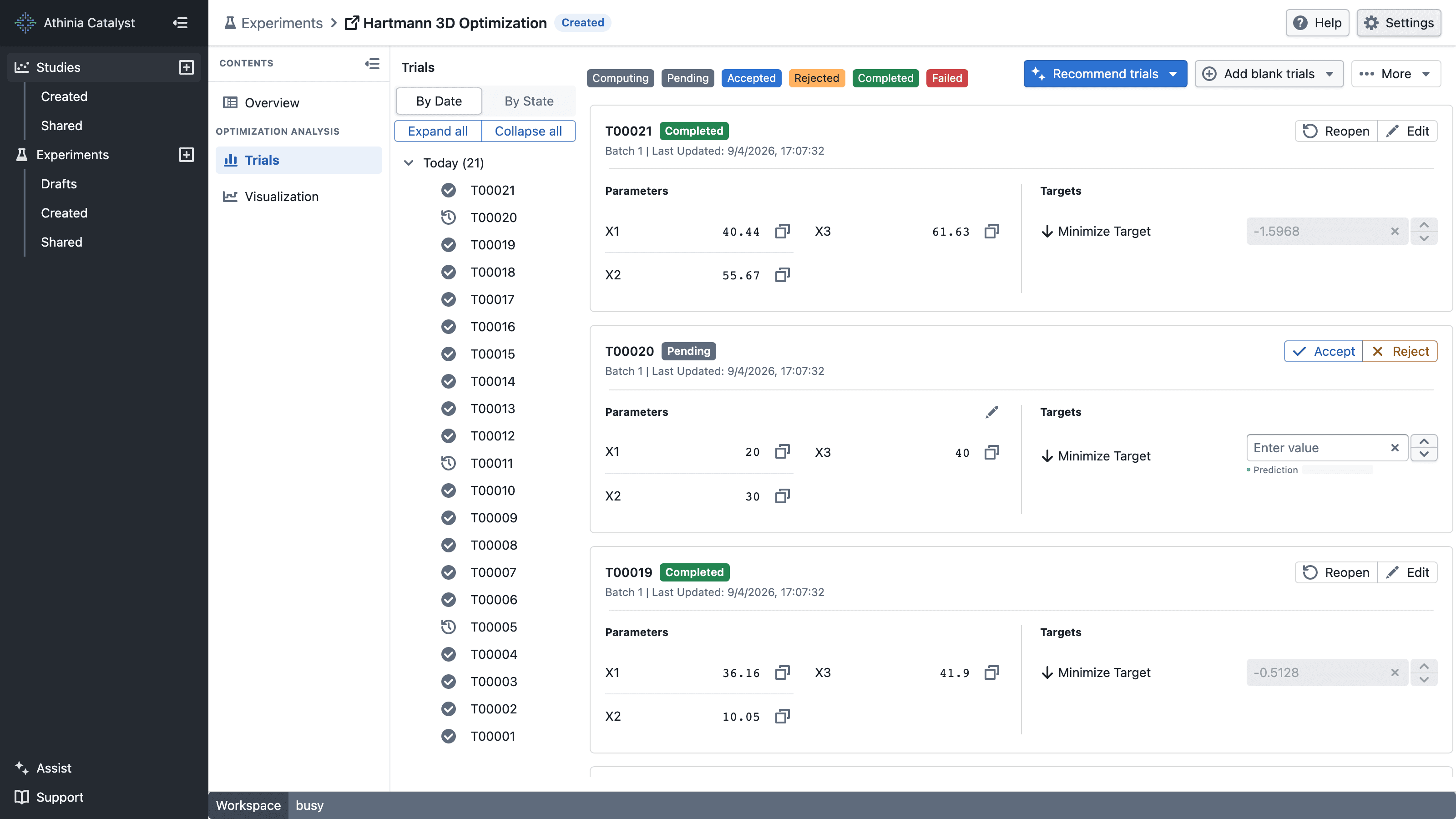 Experiment Trials page containing completed and open trials